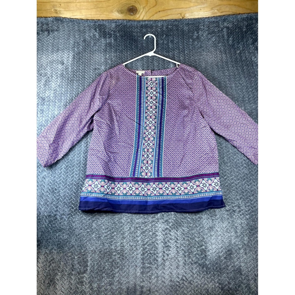 Talbots Blouse Top Women Large Petite Purple Geometric Tencel Boho Everyday Wear